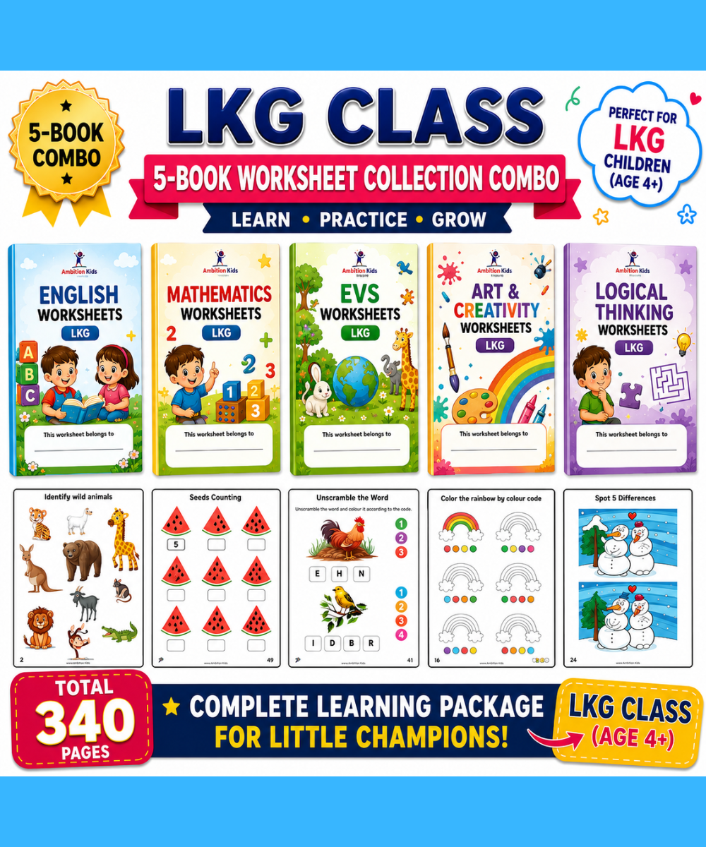 LKG Printable Worksheets | EVS + Math + English + Coloring + Logical