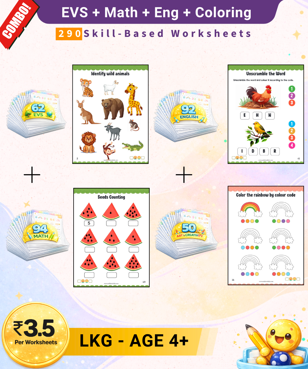 Preschool Kids Worksheets Bundle – EVS, Math, English, Coloring & Patterns | Complete Learning Kit