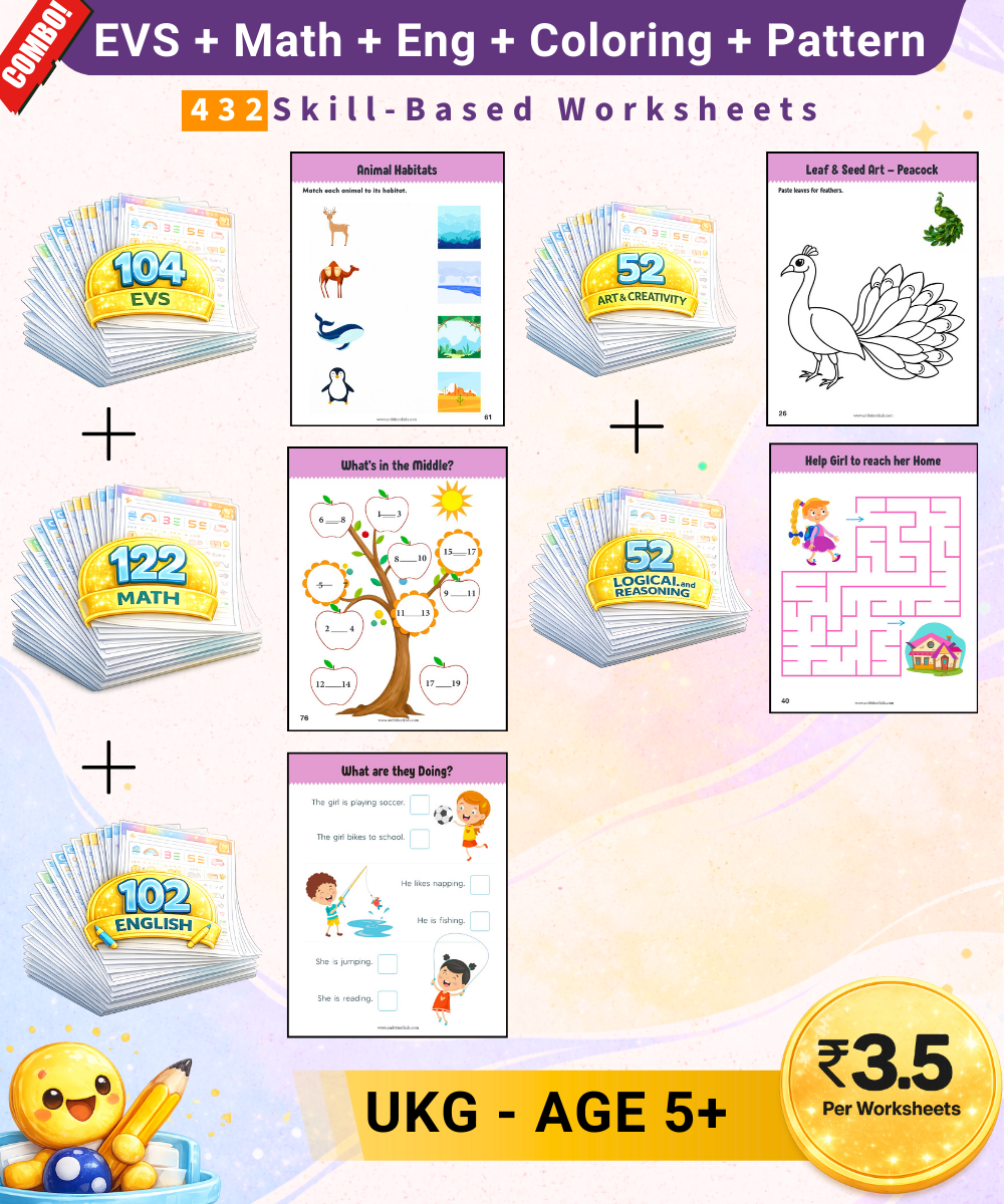 Preschool Kids Worksheets Bundle – EVS, Math, English, Coloring & Patterns | Complete Learning Kit