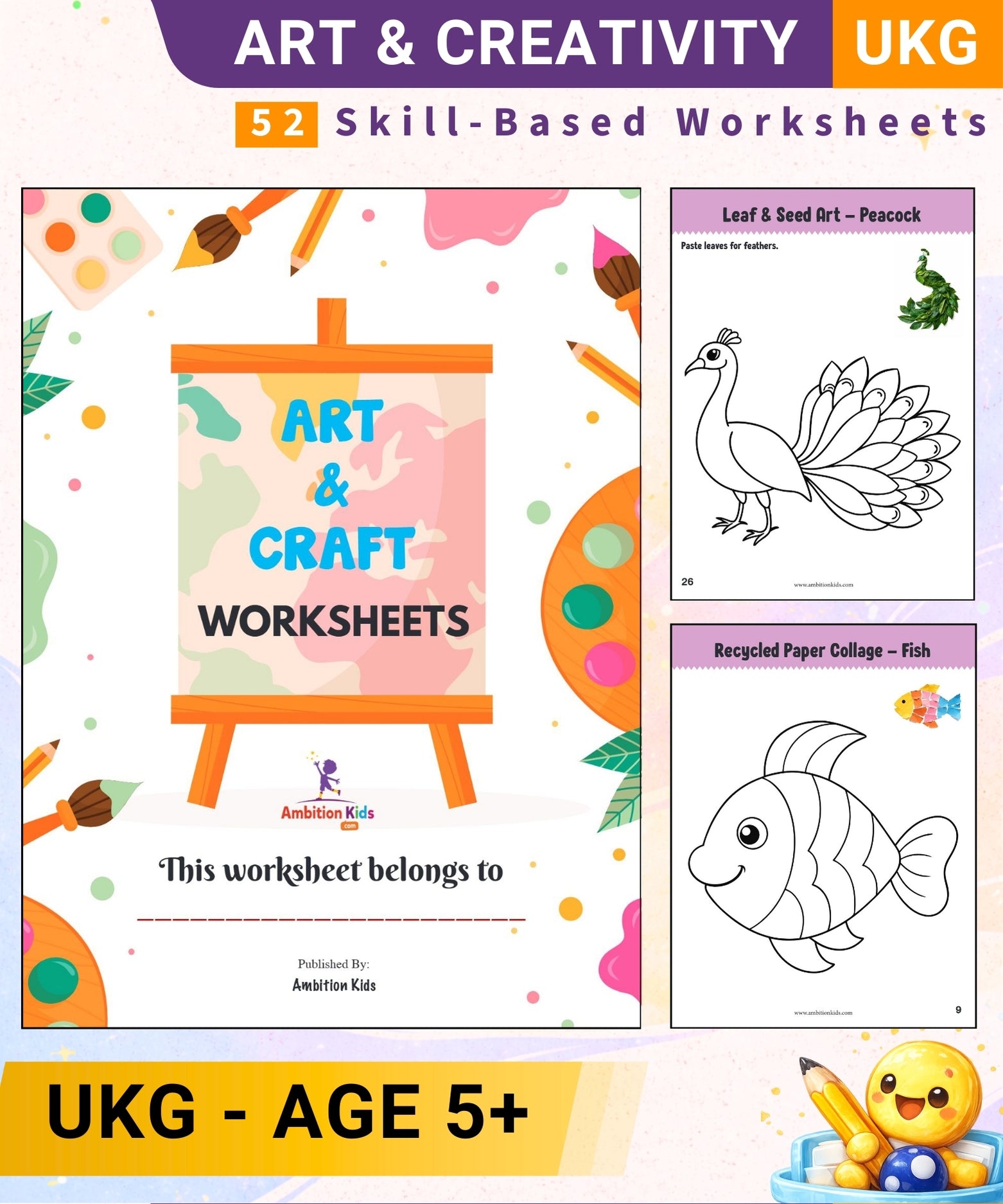 UKG Worksheets | 52 Skill-Based Art & Craft Activities | Screen Free Learning | Hard Copy