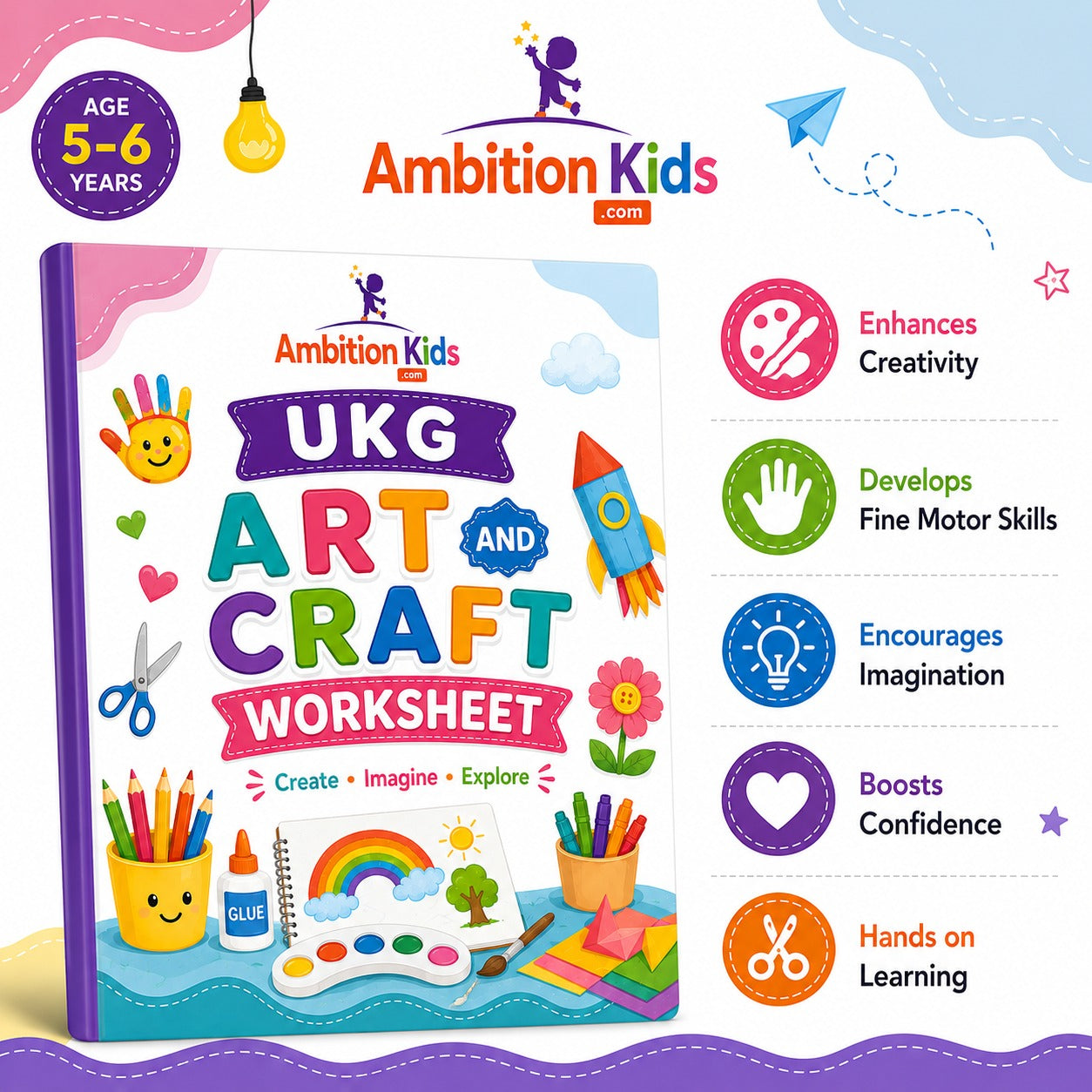 UKG Worksheets | 52 Skill-Based Art & Craft Activities | Screen Free Learning | Hard Copy