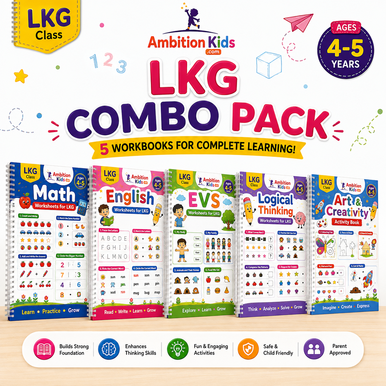 LKG Printable Worksheets | EVS + Math + English + Coloring + Logical