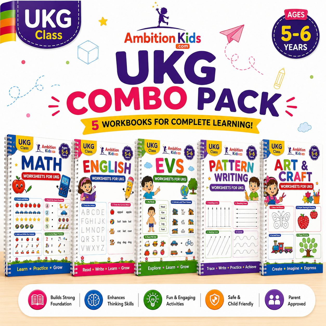 UKG Worksheets Printable | EVS, Math, English, Coloring, Logical Reasoning