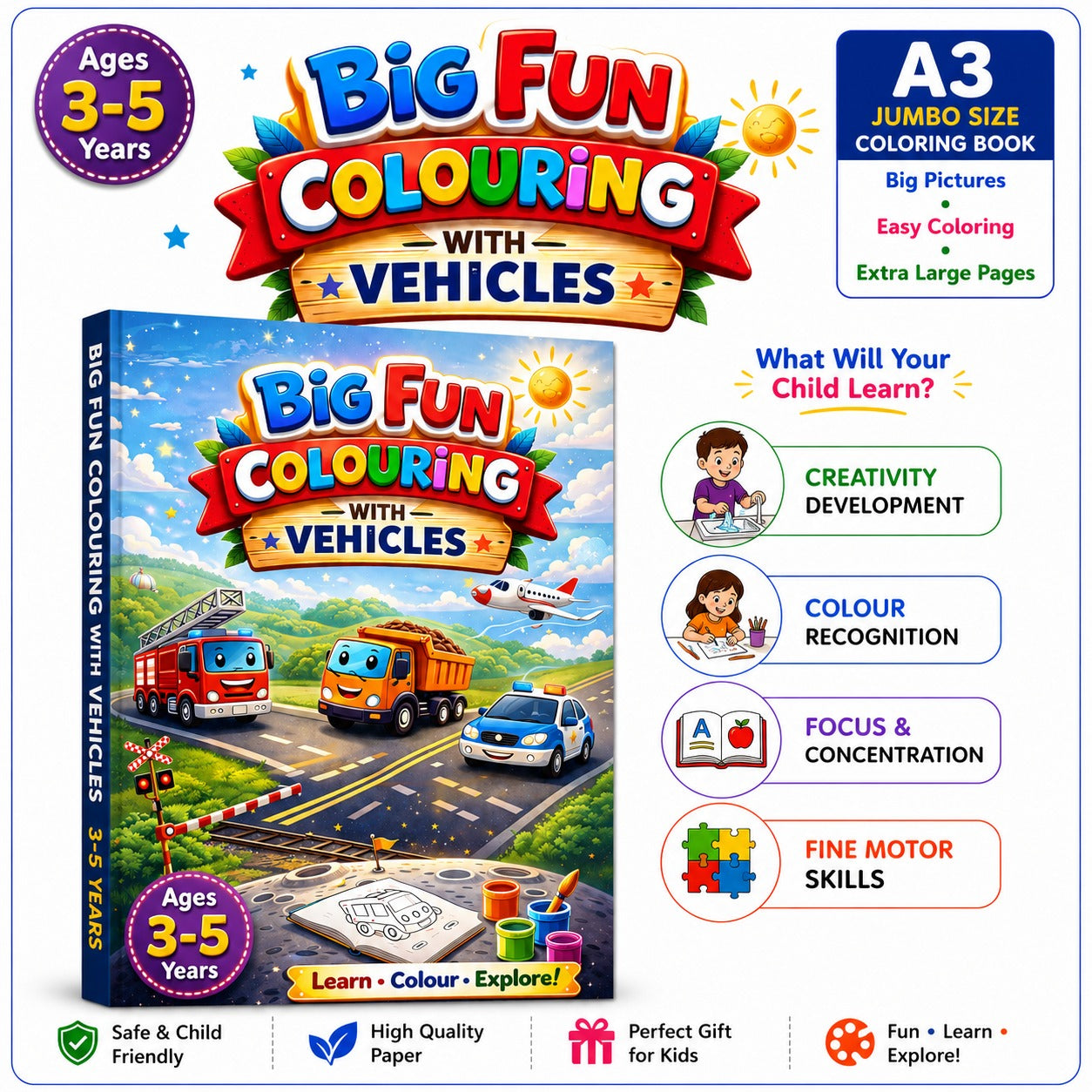 Big Fun Colouring with Vehicles | A3 Colouring Book for Kids Age 3-5 Years