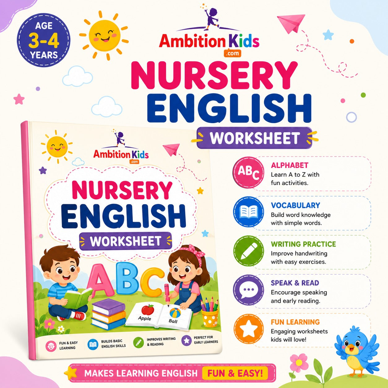 Nursery English Worksheets | 72 Skill-Based Language Sheets for Kids (Age 3+)
