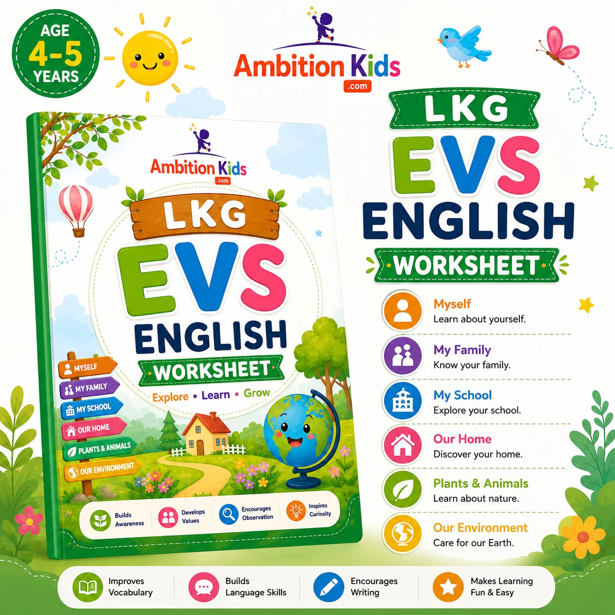 LKG EVS Printable Worksheets | 62 Fun Activity Pages | Screen-Free Learning