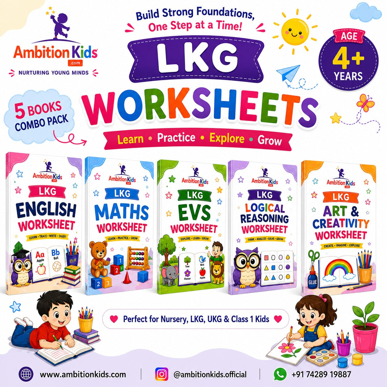 LKG Printable Worksheets | EVS + Math + English + Coloring + Logical