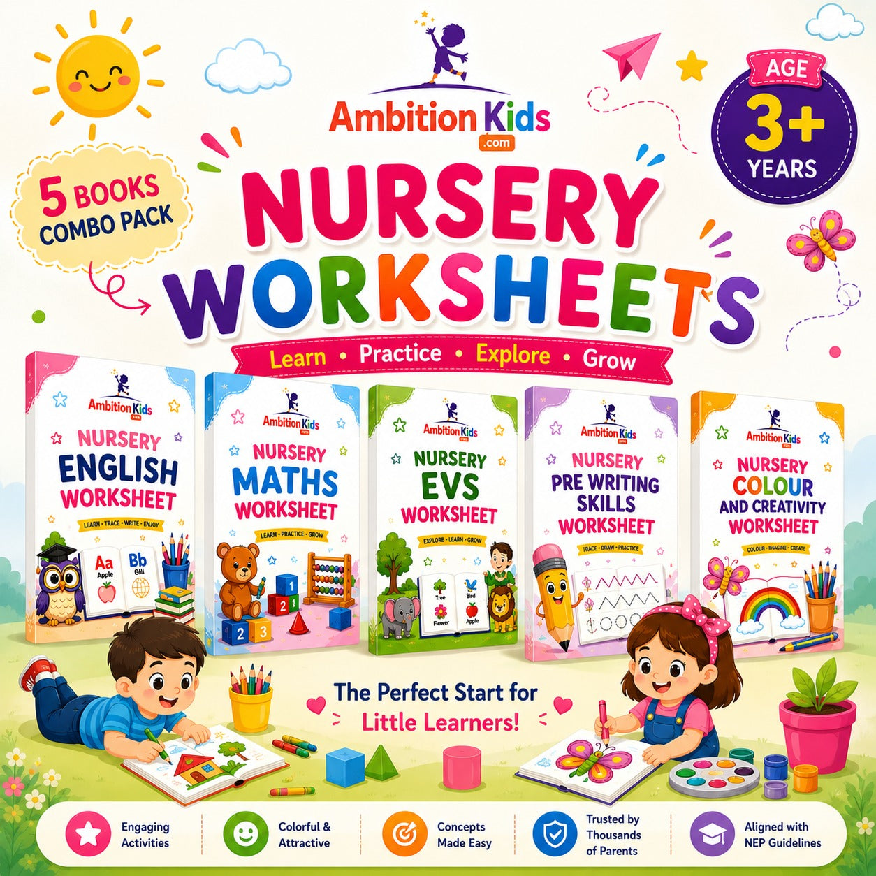 Nursery Printable Worksheet| EVS, Math, English, Art & Pattern| Hard Copy
