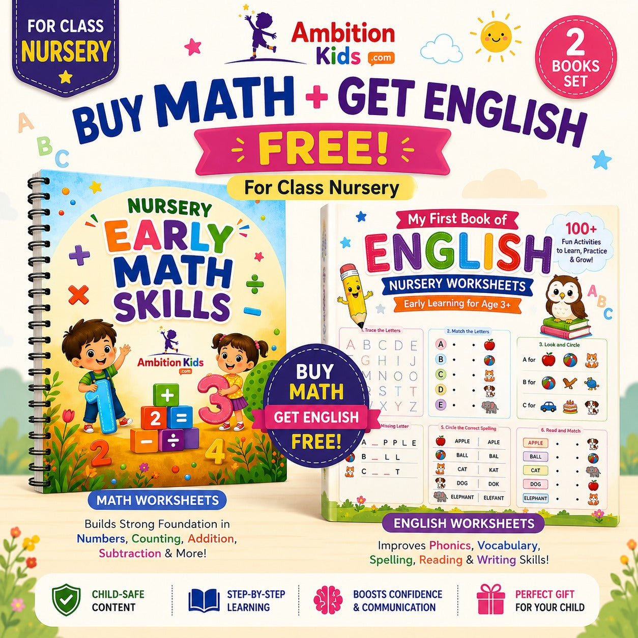 Nursery Math + English Worksheets| Buy Math Worksheet Get English Worksheet FREE