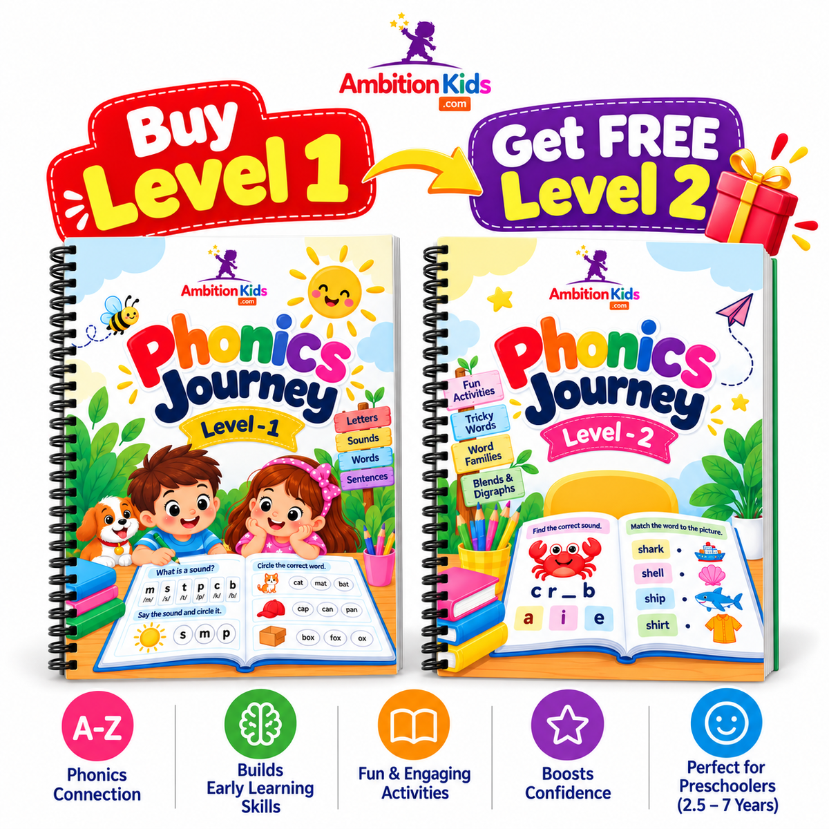 Phonics Worksheets for Preschool Kids (BUY LEVEL 1, GET LEVEL 2 FREE)