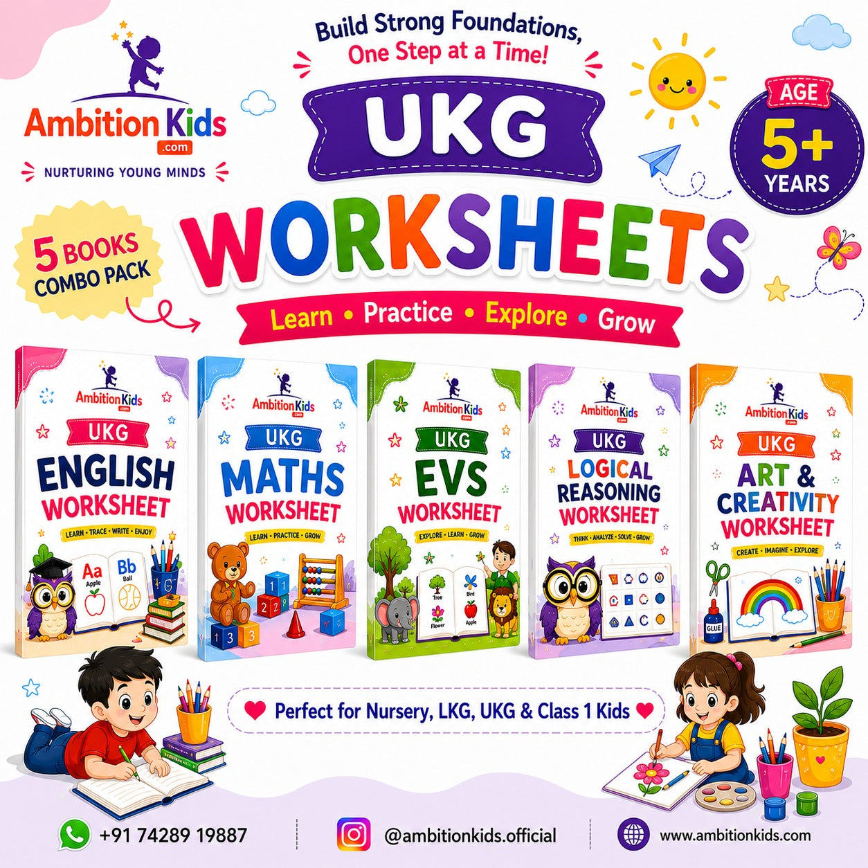 UKG Worksheets Printable | EVS, Math, English, Coloring, Logical Reasoning