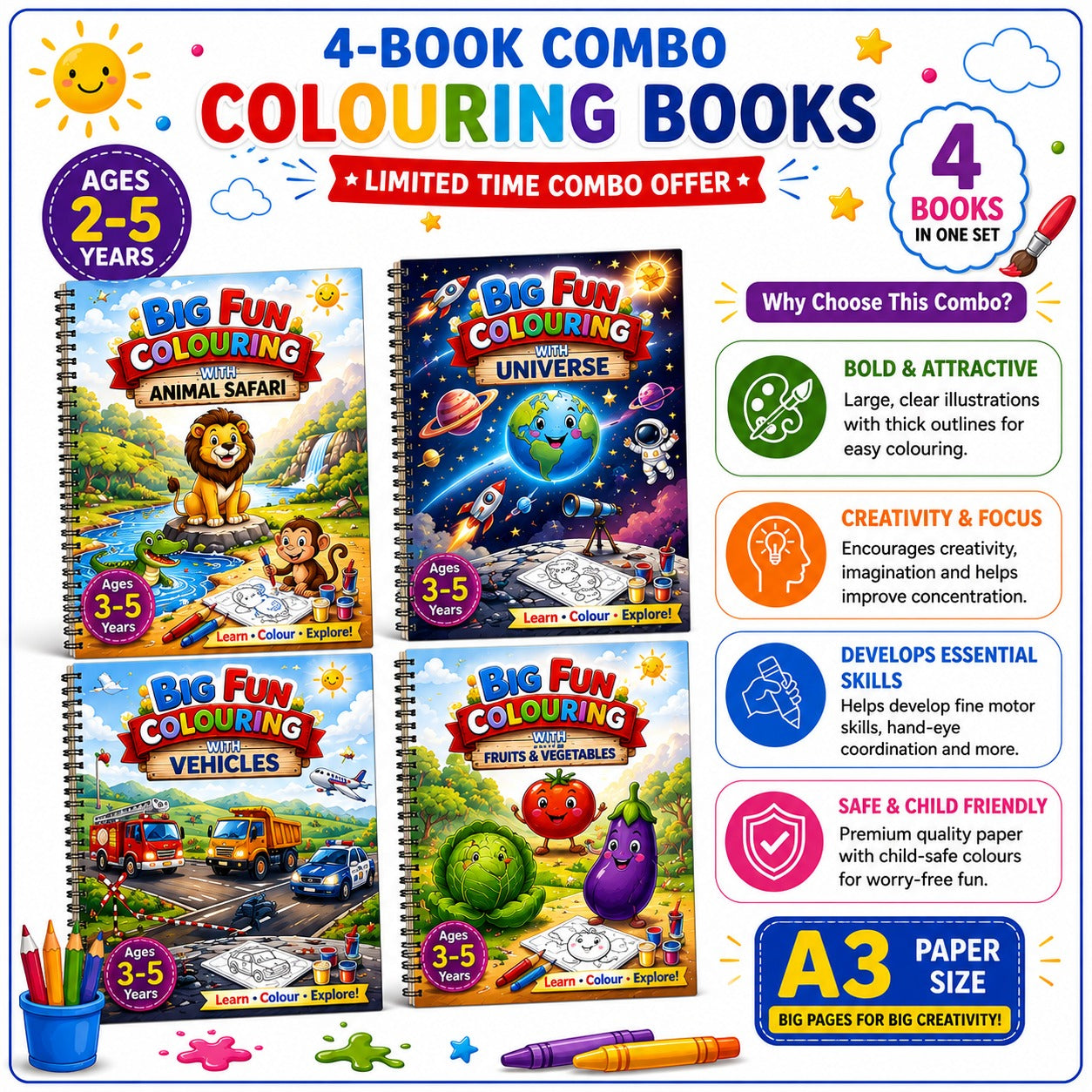 Colouring Books Combo Set for Kids Age 2-5 Years | Animal Safari, Universe, Vehicles & Fruits | A3 Size Activity Books