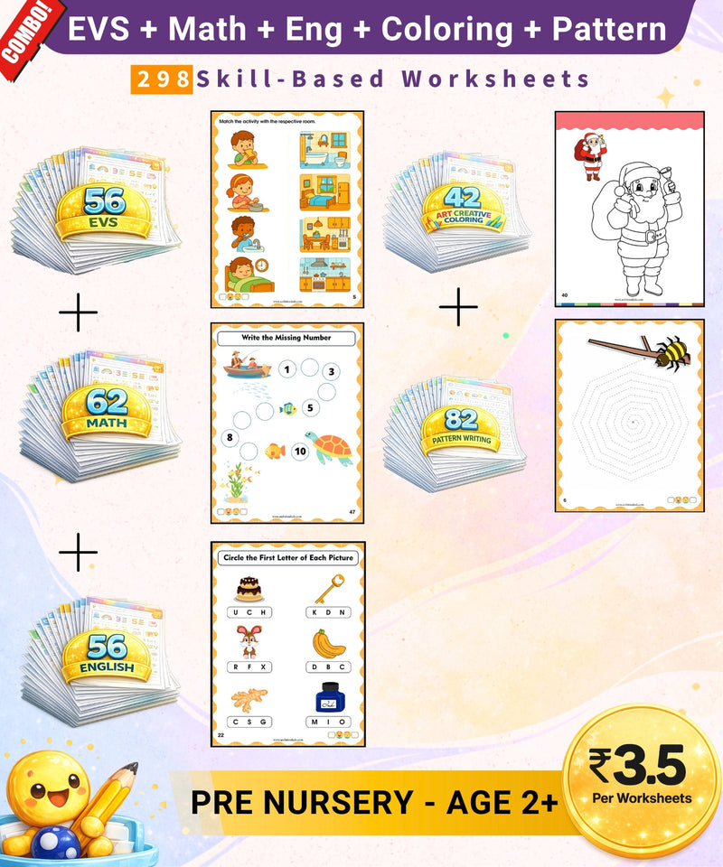 Evs E Math Pre-Nursery Printable Worksheets | EVS + Math + English + Coloring + P