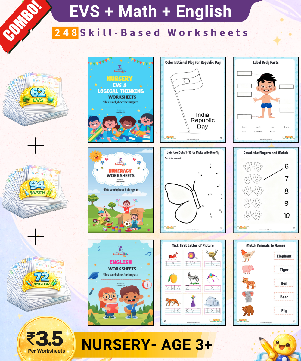 Preschool Kids Worksheets Bundle – EVS, Math, English, Coloring & Patterns | Complete Learning Kit