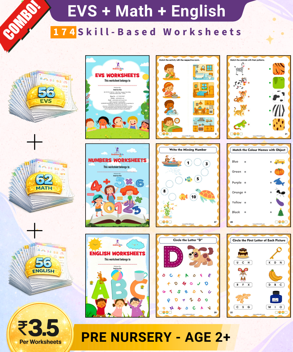 Preschool Kids Worksheets Bundle – EVS, Math, English, Coloring & Patterns | Complete Learning Kit