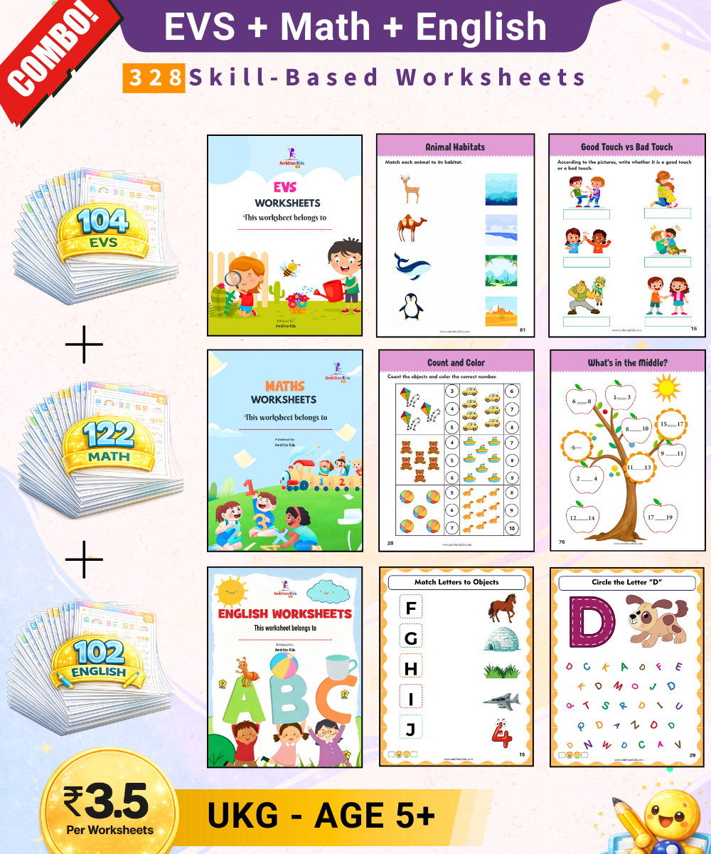 Preschool Kids Worksheets Bundle – EVS, Math, English, Coloring & Patterns | Complete Learning Kit