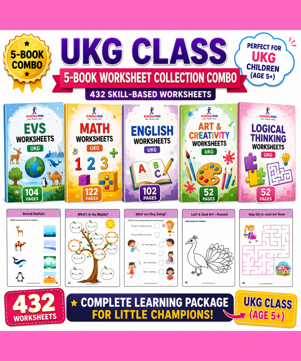 UKG Worksheets Printable | EVS, Math, English, Coloring, Logical Reasoning