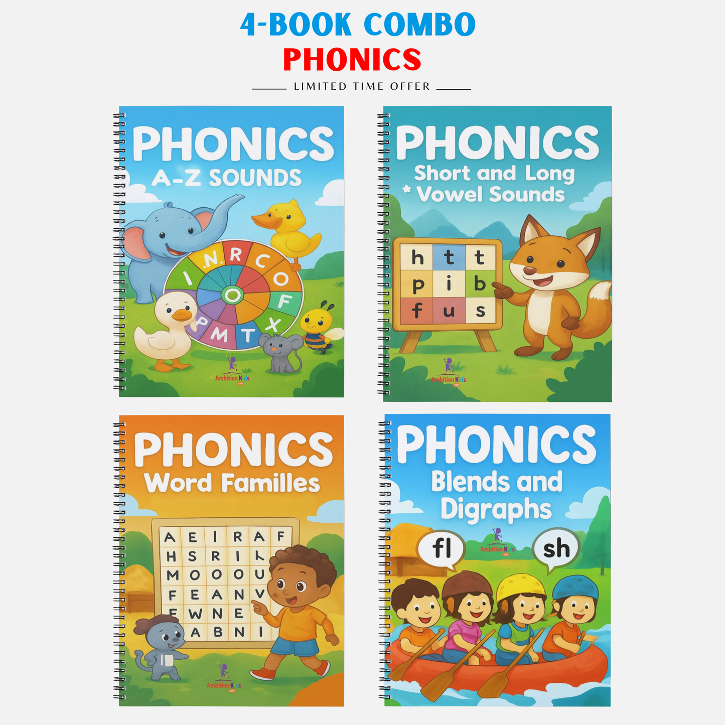 Phonics 4-Book Set – Vowels, A–Z Sounds, Blends & Word Families