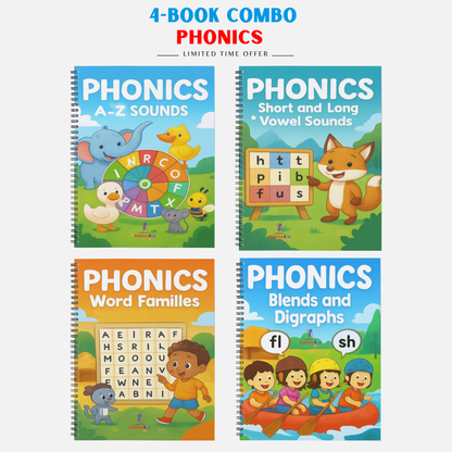 Phonics 4-Book Set – Vowels, A–Z Sounds, Blends & Word Families