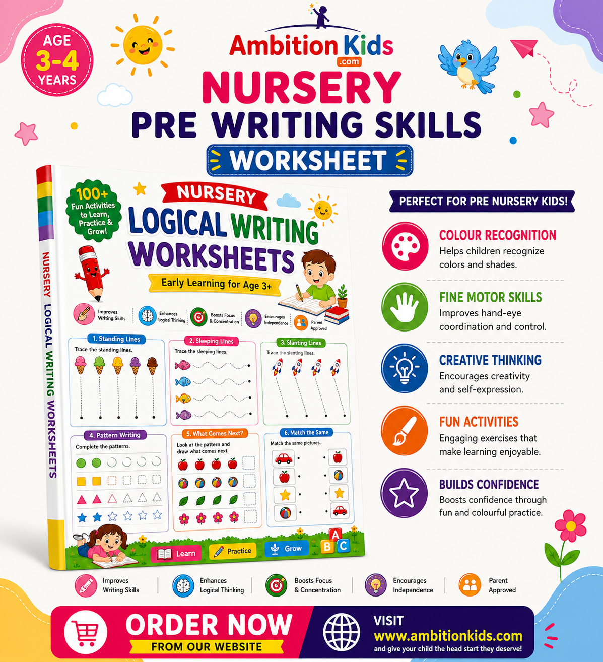 Nursery Logical Thinking & Pre-Writing Skills Printable  Worksheets | For Age 3+