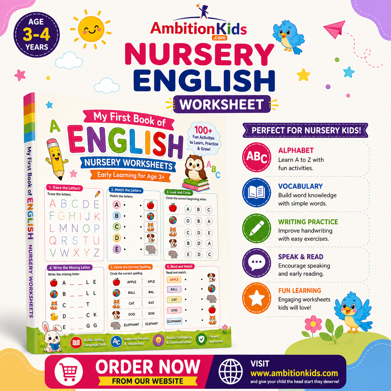 Nursery English Worksheets | 72 Skill-Based Language Sheets for Kids (Age 3+)