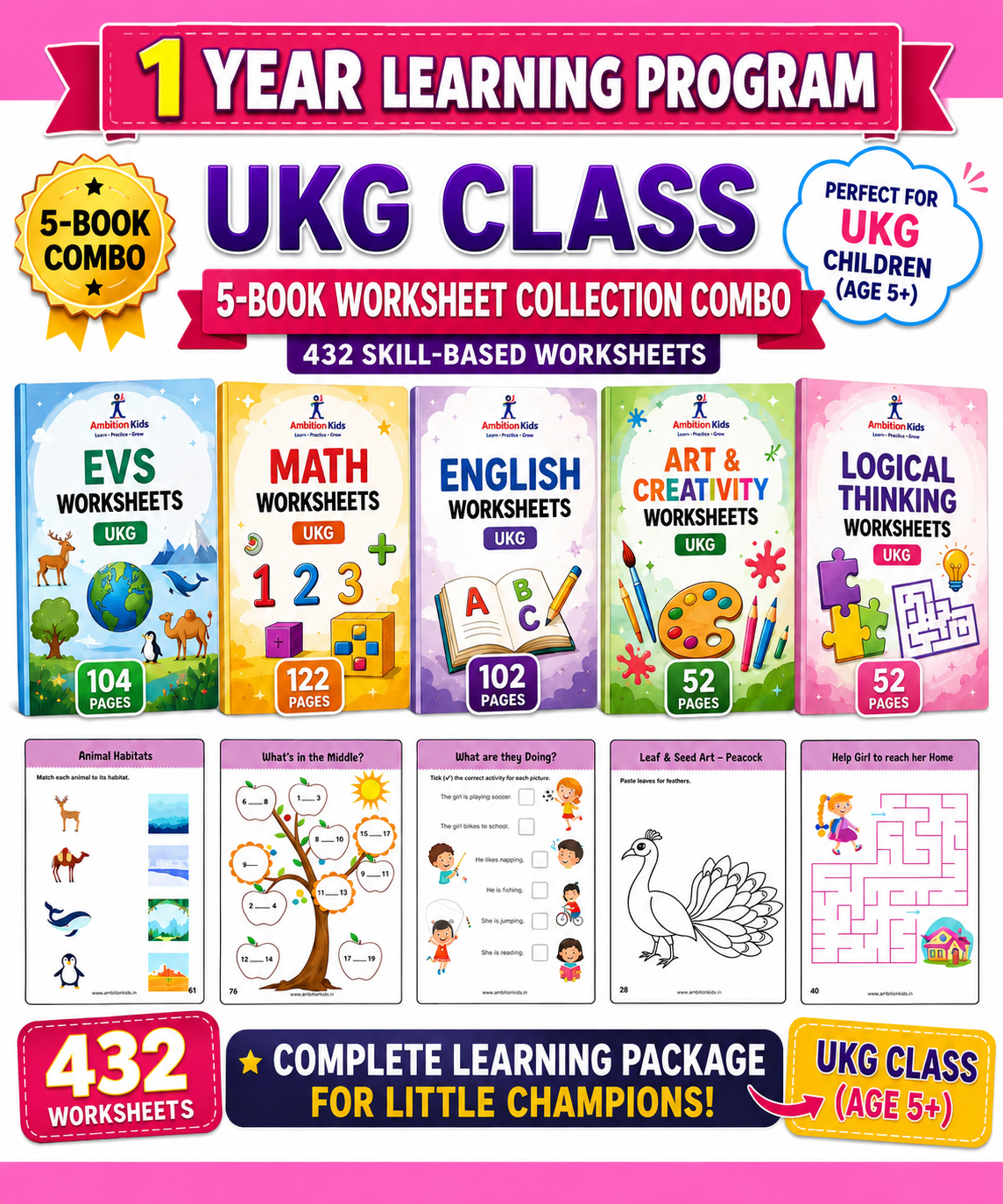 UKG Worksheets Printable | EVS, Math, English, Coloring, Logical Reasoning