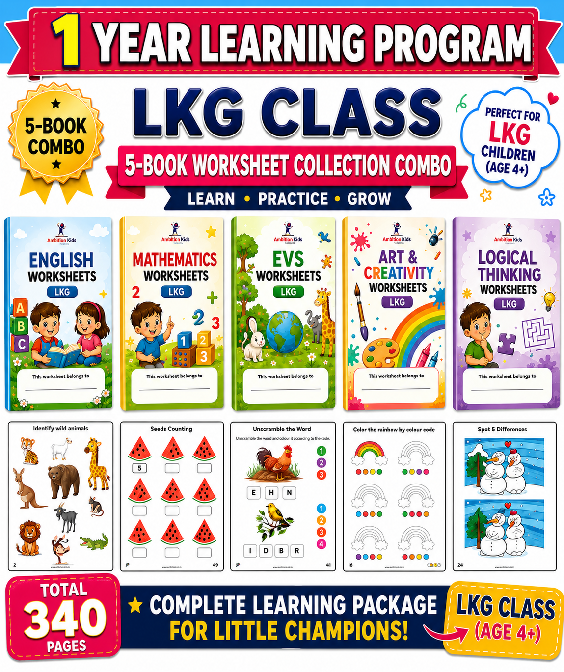 LKG Printable Worksheets | EVS + Math + English + Coloring + Logical
