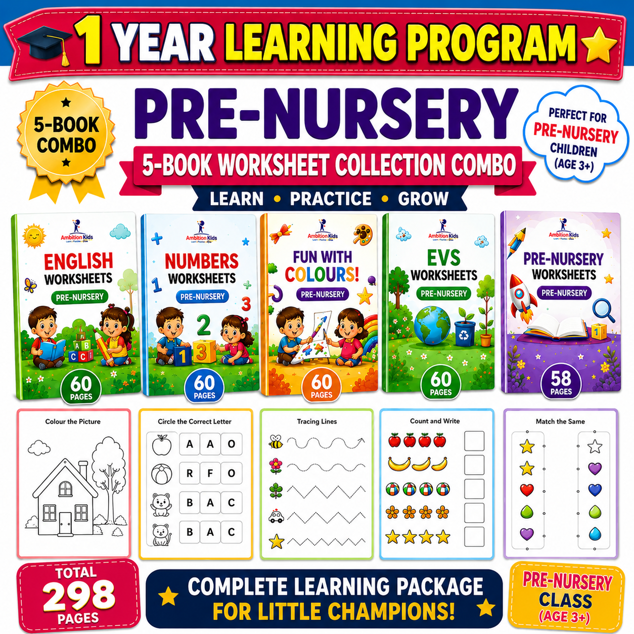 Pre-Nursery Printable  Worksheets | EVS + Math + English + Coloring + Pattern
