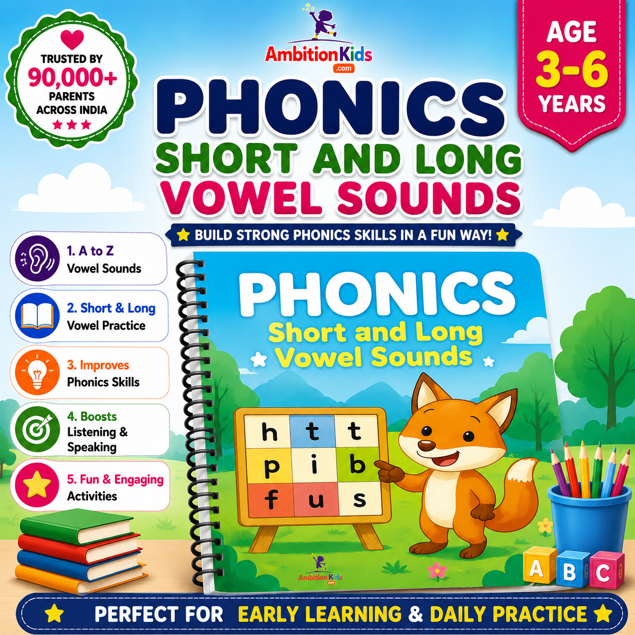 Short & Long Vowel Sounds Phonics Ambition Kids Worksheets for Kids Age 3–6 Years