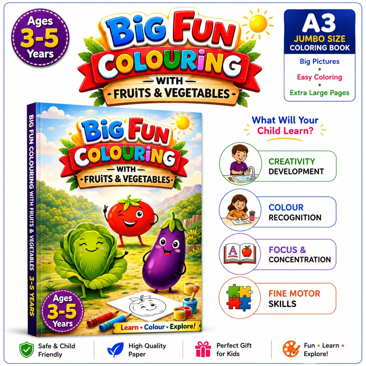 Big Fun Colouring with Fruits & Vegetables | Colouring Book for Kids Age 3-5 Years
