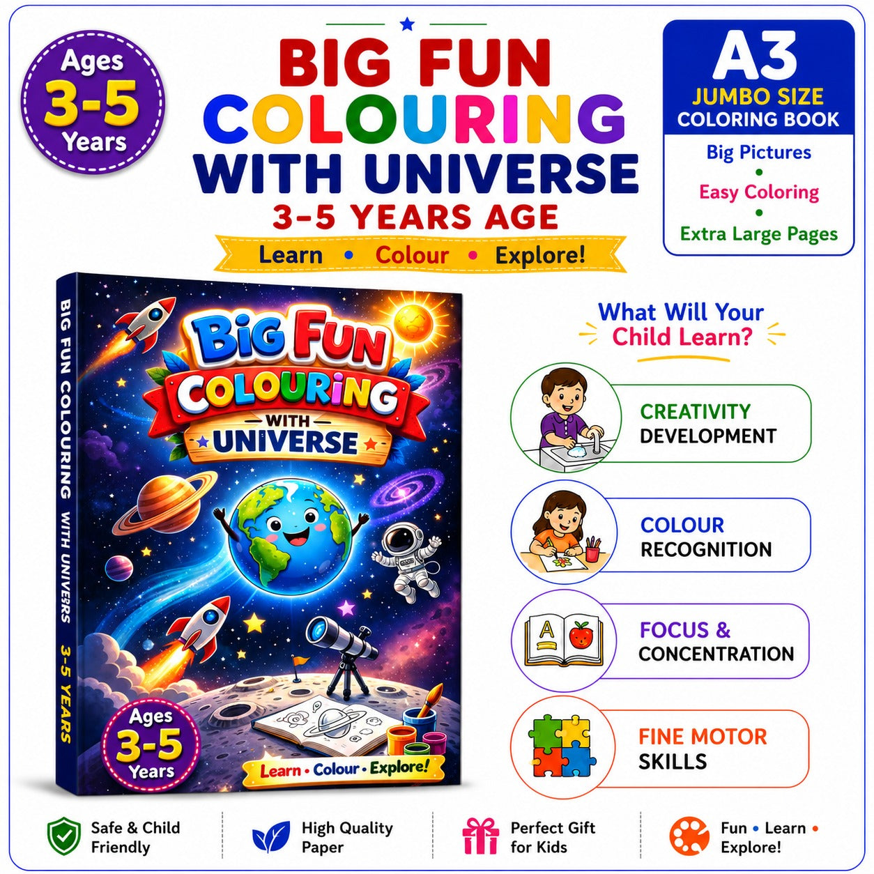 Big Fun Colouring with Universe | A3 Colouring Book for Kids Age 3-5 Years