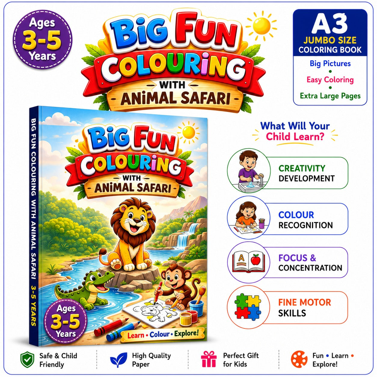 Big Fun Colouring with Animal Safari | Colouring Book for Kids Age 3-5 Years