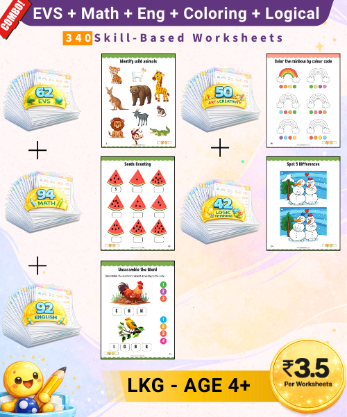 Printable LKG Worksheets | EVS + Math + English + Coloring + Logical