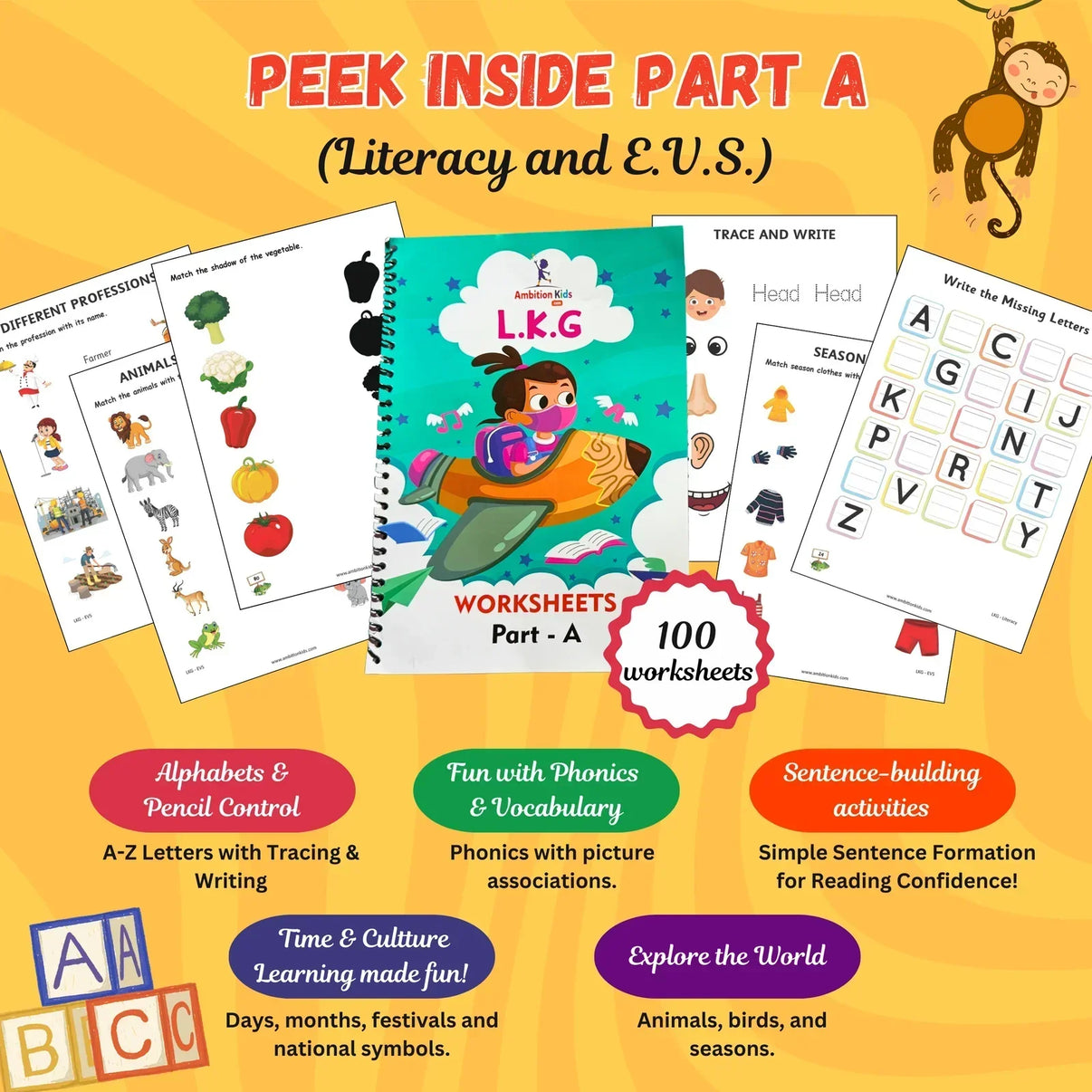 LKG & Brain Booster Combo + 200+ Worksheets (4–6 Yrs) – Ambition Kids