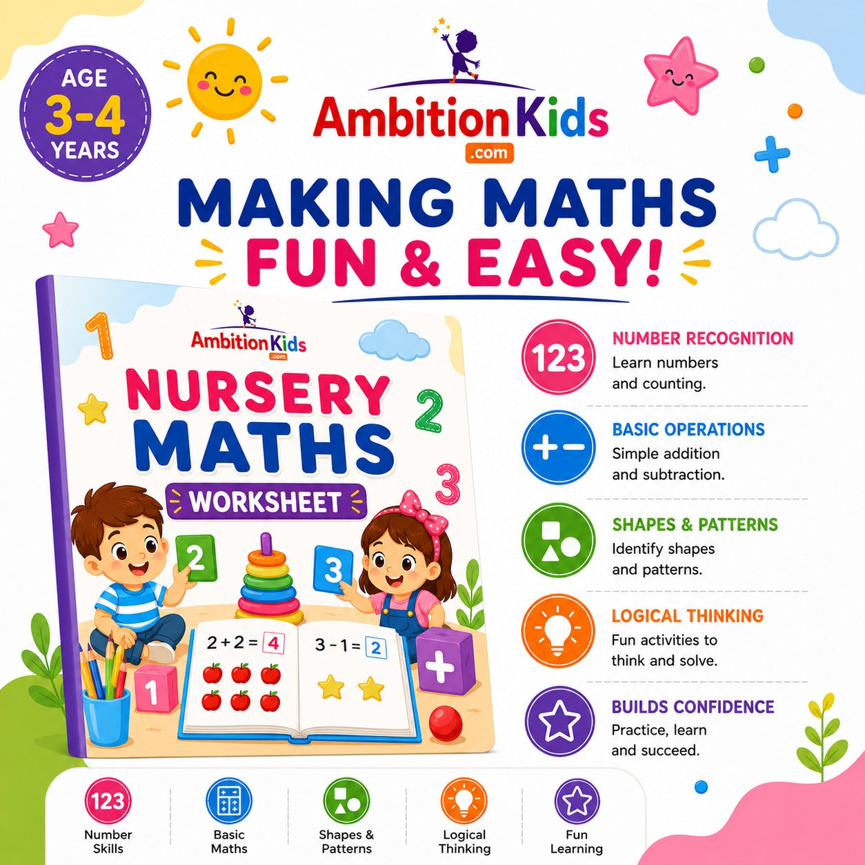 Nursery Math & Numeracy Printable Worksheets | (Age 3+)