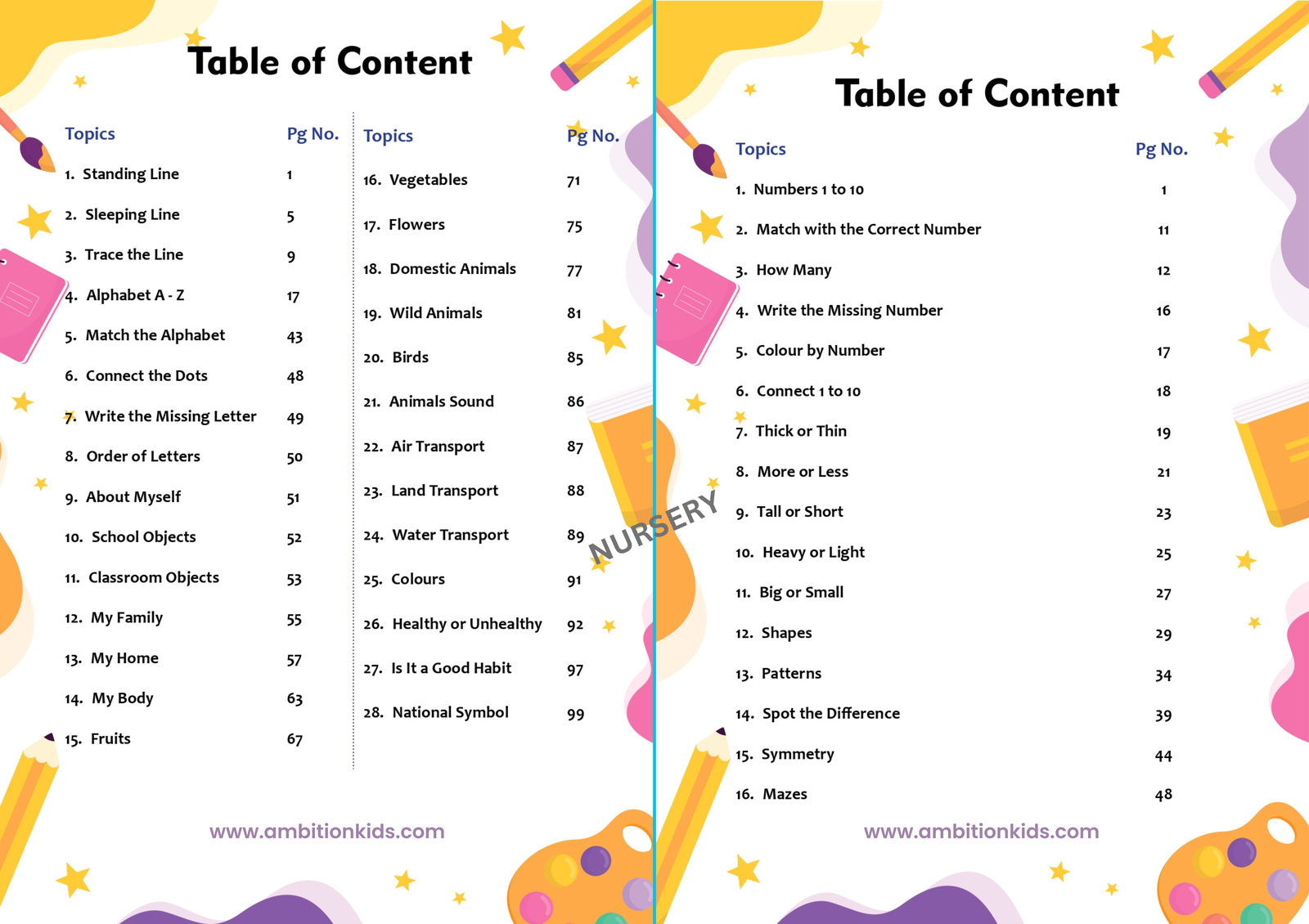 Nursery Hard Copy Kids Worksheets - Ambition Kids