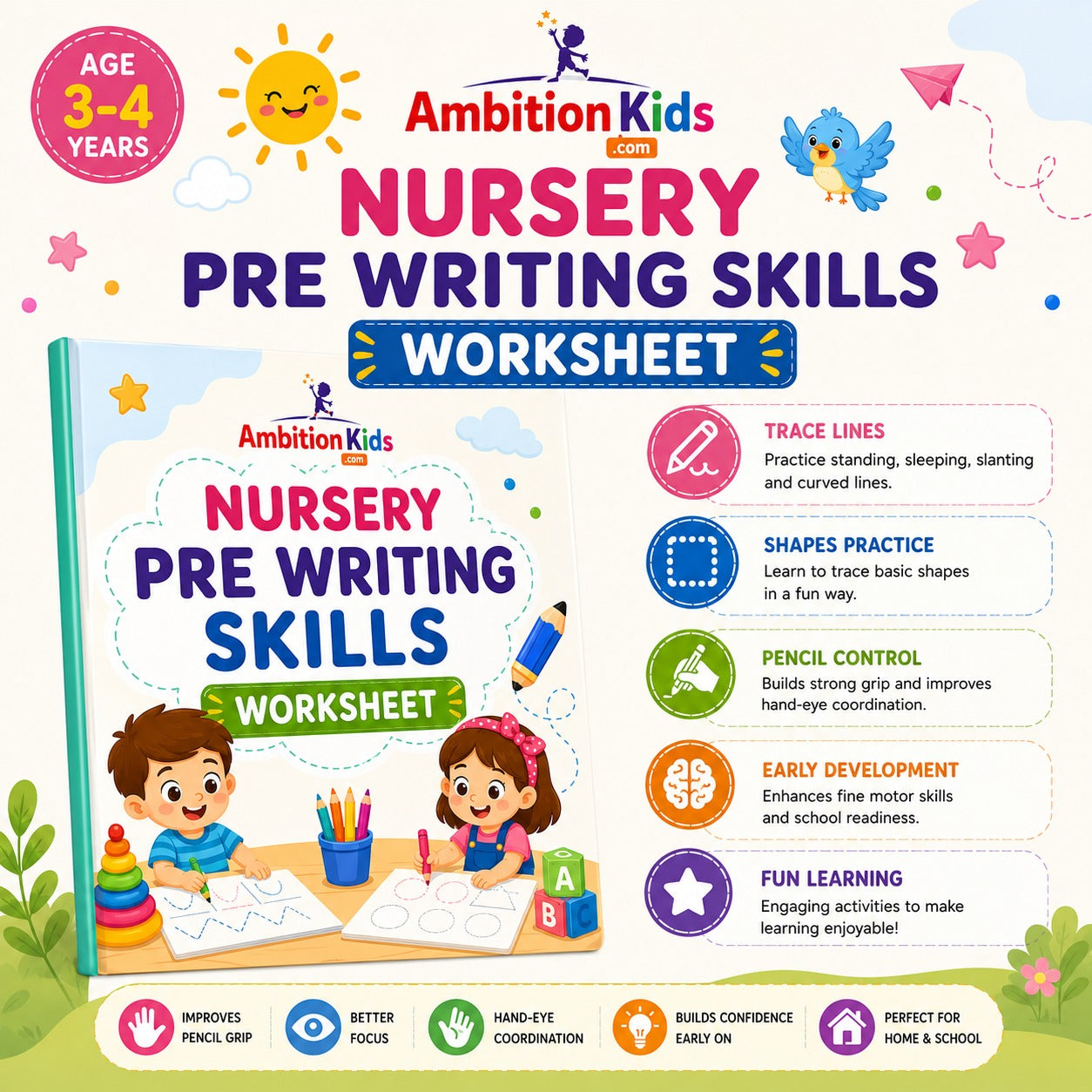 Nursery Logical Thinking & Pre-Writing Skills Printable  Worksheets | For Age 3+