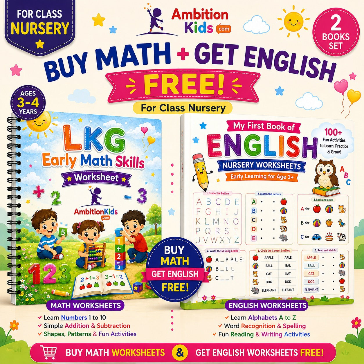 LKG Math + English Worksheets | Buy Math Get English FREE