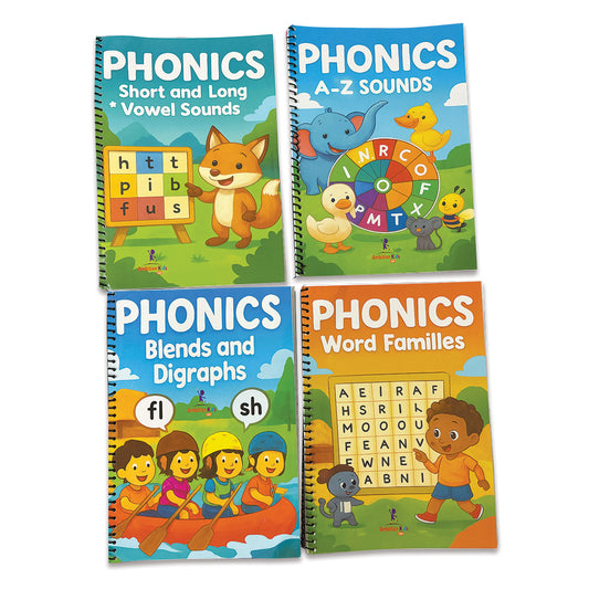 Phonics Practice Books for Kids (4-Book Set – A–Z Sounds, Vowels, Blends & Word Families)