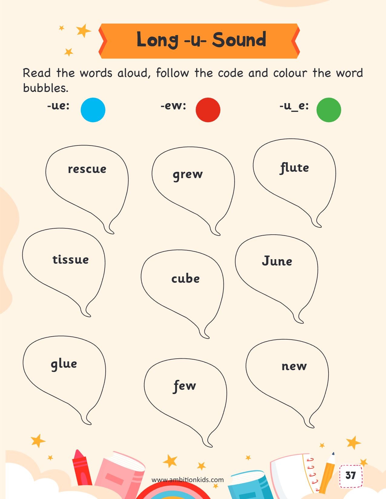 Short & Long Vowel Sounds Phonics Ambition Kids Worksheets for Kids Age 3–6 Years