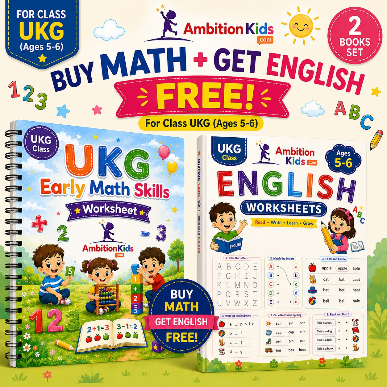 UKG Math + English Worksheets Combo | Buy Math Get English FREE | 5-6 Age